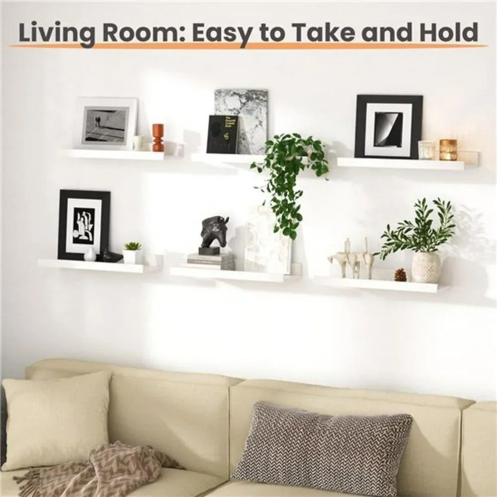 Upsimples Floating Wall Shelves Set of 6 Wood Storage for Home Decor White